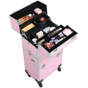 Professional Makeup Case, 3 in 1 Portable Trolley, Pink